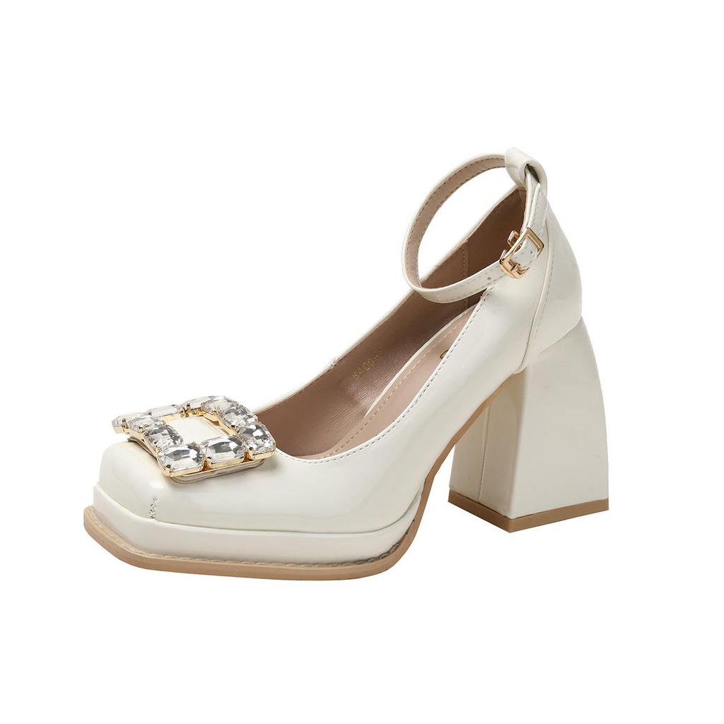 Spot Mary Jane Rhinestone Buckle Platform High Heel Square Toe Shoes for Women, Spring & Autumn 2024.