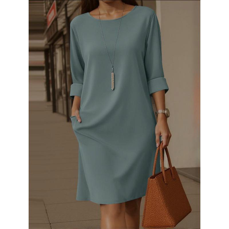Elegant European & American Style Round Neck Dress with Pockets