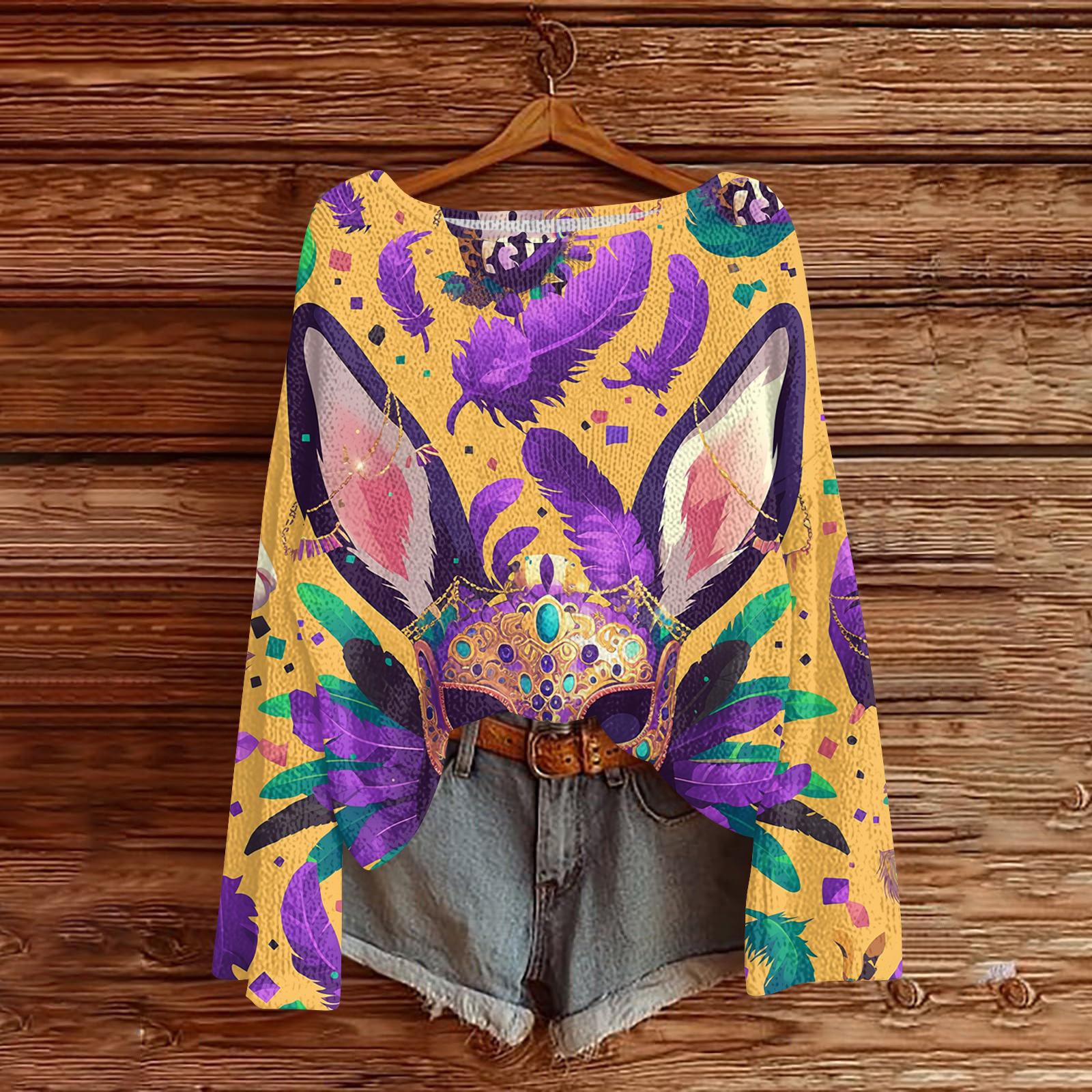 

Women s Casual Fashion Round Neck Top Carnival Print Long Sleeve Knit Pullover S чорний