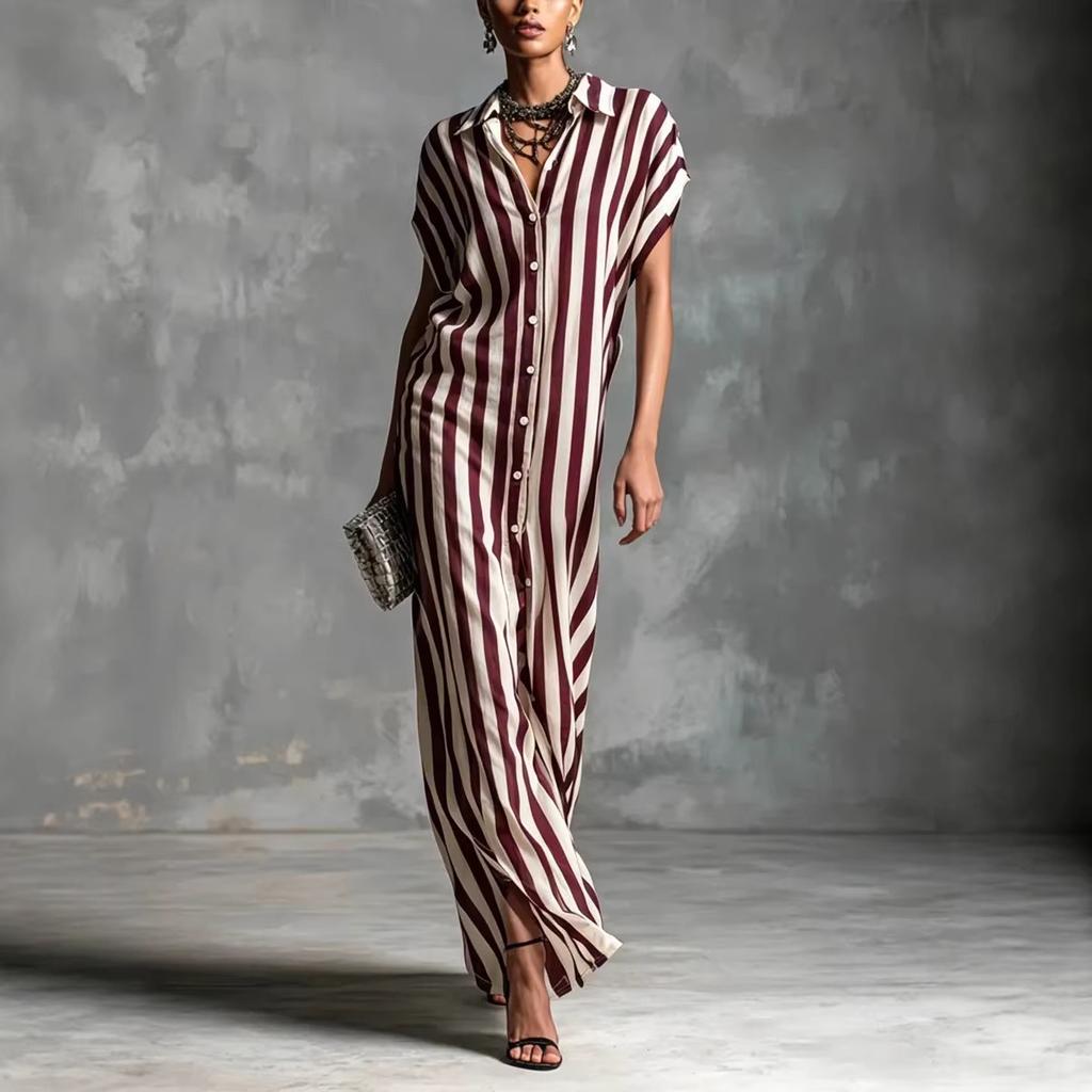 European and American Independent Station Cross-border Fashion Loose Lapel Long Striped Summer Popular Short Sleeve Women's Shirt Dress