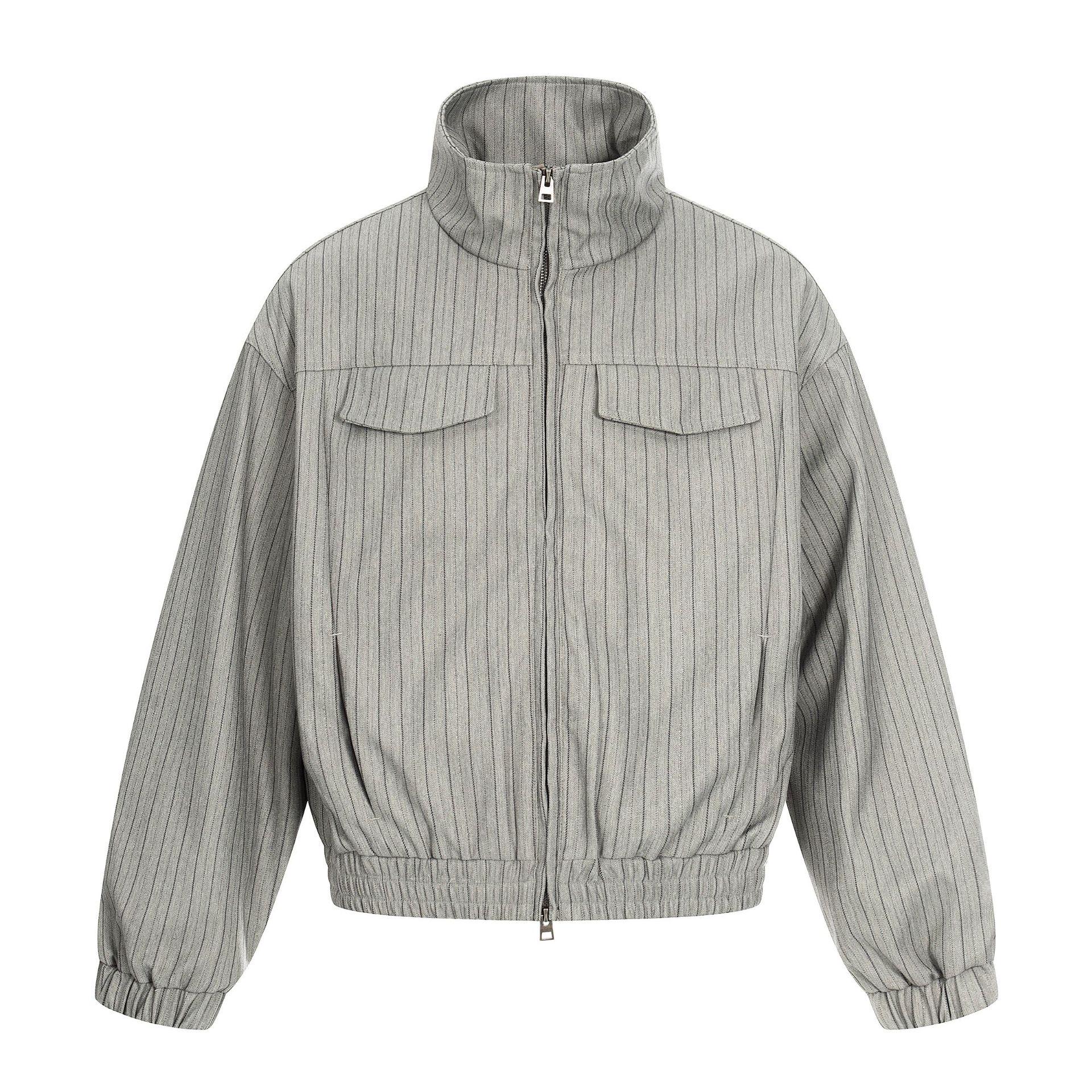 11KN Unisex American Stripe Jacket, Short Wide Fit, Waist-Cinch, Stand Collar, Double Zipper, Long Sleeve Cardigan XL