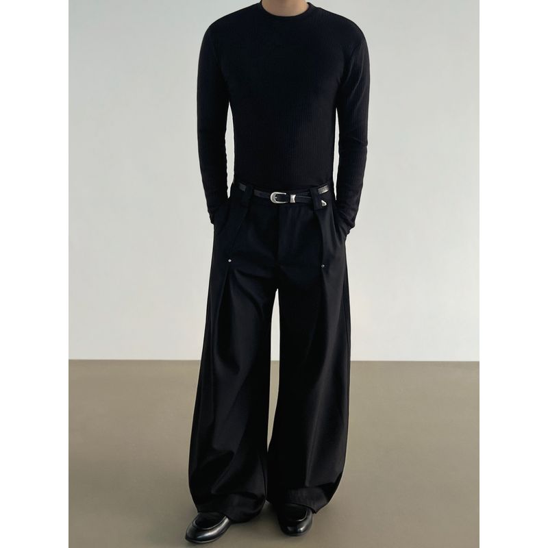 Blaexit Old Money Style Cleanfit Curved Pleated A-Line Dress Pants for Men, Loose Straight-Leg Drape Wide-Leg Trousers
