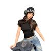Front Shoulder Round Neck Slim-fitting Short-sleeved T-shirt Women's Summer New Spice Girl Pinched Waist and Thin Short Ins Top