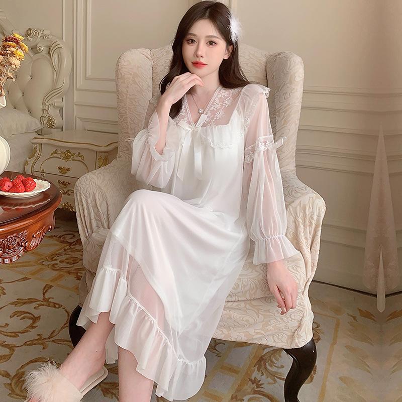 Ling Lei Autumn Solid Color Lace Bow Mesh Court Princess Style Long Nightdress Pajamas Loungewear Women