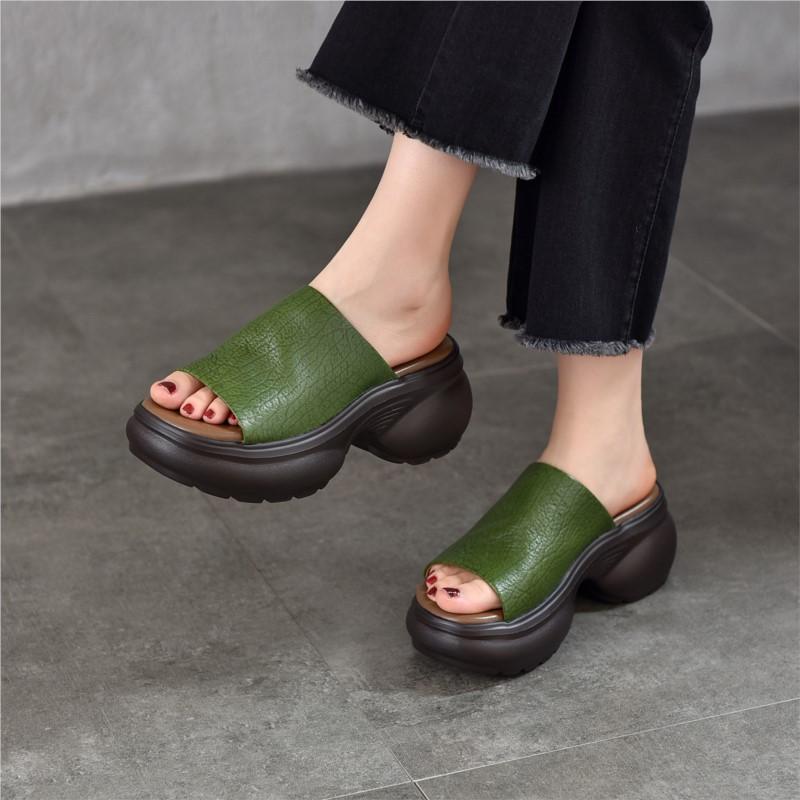 Johnature Women's Thick Soled High-heeled Peep Toed Slippers Genuine Leather Platform Sandals