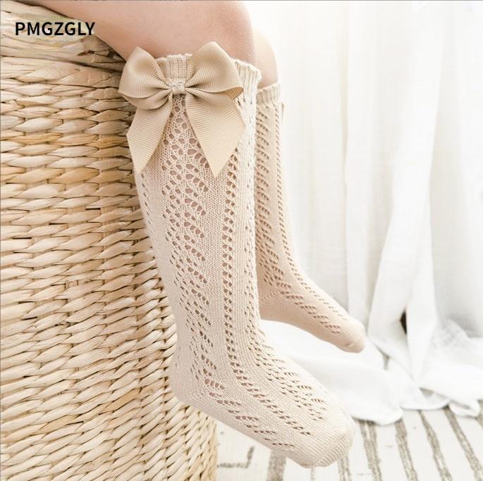 Summer Kids Knee High Socks Baby Girls Boys Bow Long Sock Soft Cotton Mesh Breathable Children Hollow Out Socken For 0-7 Years