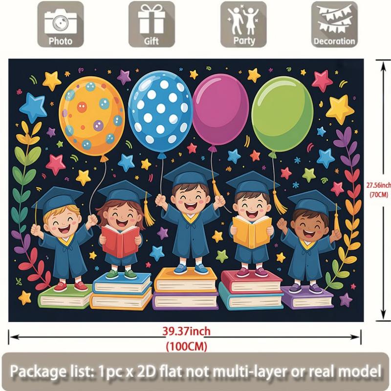2D flat graduation ceremony banner, featuring balloons and books. Suitable for weddings, parties, etc.