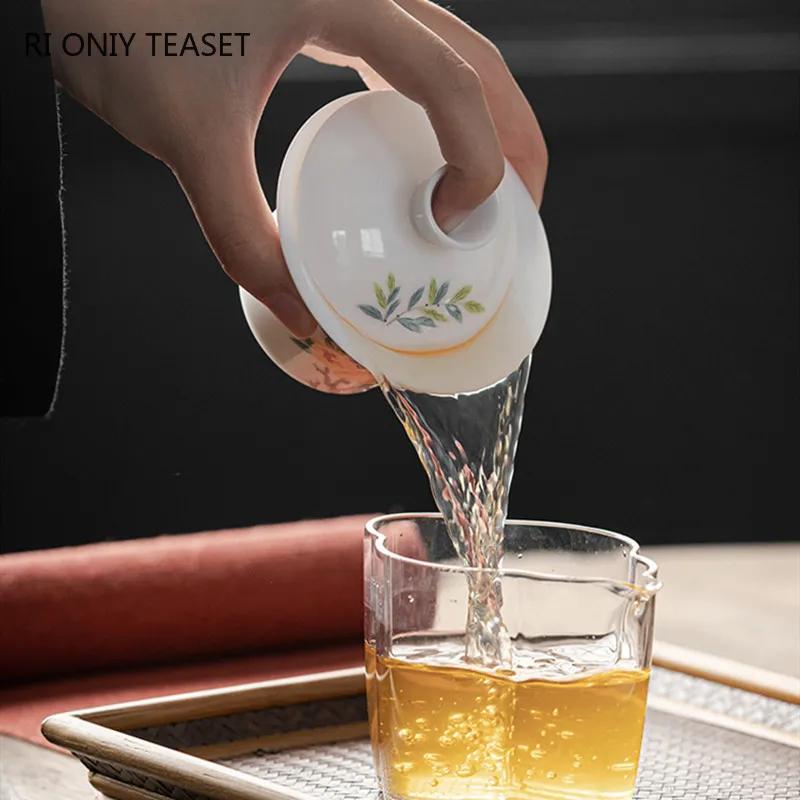 Chinese Ceramic Tea Tureen Handmade Flowers Teacup Suede Jade White Porcelain Gaiwan Travel Portable Tea Bowl Household Tea Set