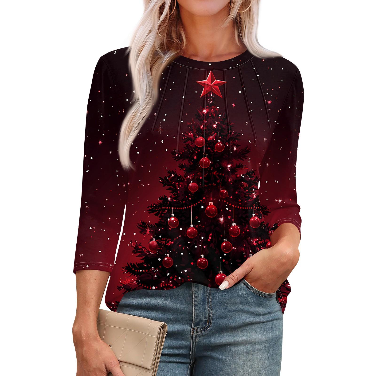 

Женская модная футболка с круглым вырезом и рукавом 3/4 с рождественскими принтами, повседневная базовая плиссированная футболка-пуловер M