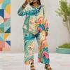 Women Plus Size Multicolor Printed Round Neck Long Sleeve Layered Top Wide Leg Cropped Pants Two Piece Set