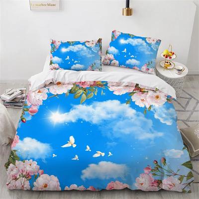 Housse de couette King Ciel Bleu Nuages Blancs Microfibre Paysage Naturel Fleurs Ensemble de literie Housse de couette Animal Oiseau Pour Filles Adolescentes