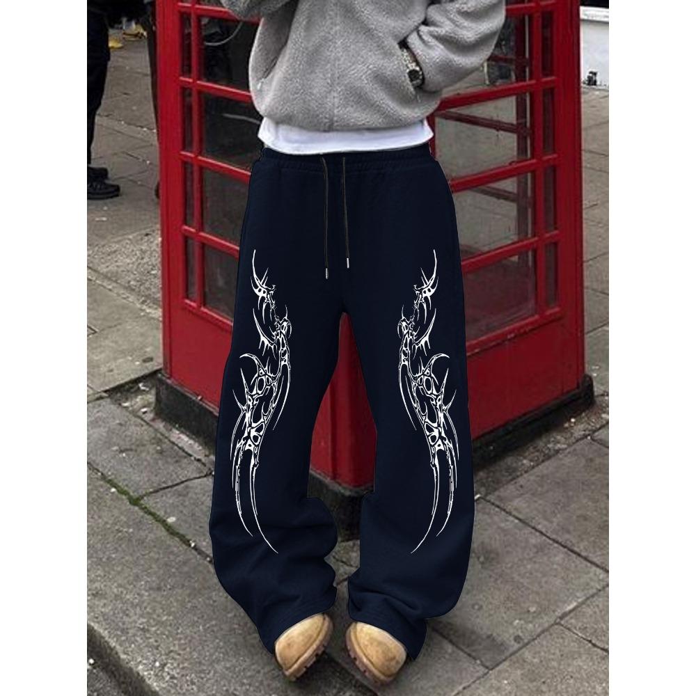 Street Casual Straight Leg Pants with Thorn Totem Print Loose Sports Pants Daily Wide Leg Pants European and American Style Hip Hop Youth