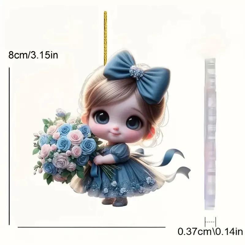 Acrylic Surface Flat Pendant With Girl Holding Flower Design For Backpack Decor