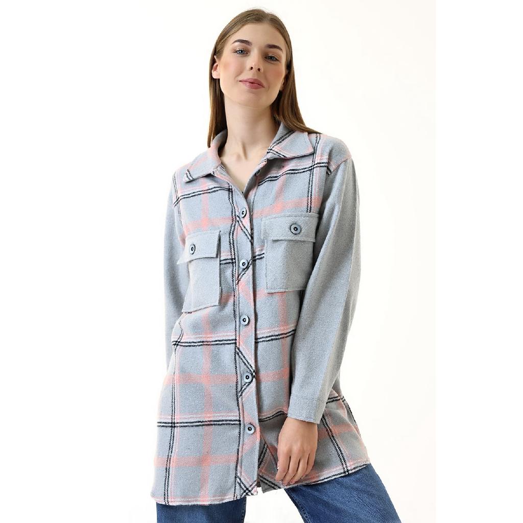 Grau-rosa kariertes Oversize-Holzfällerhemd für Damen