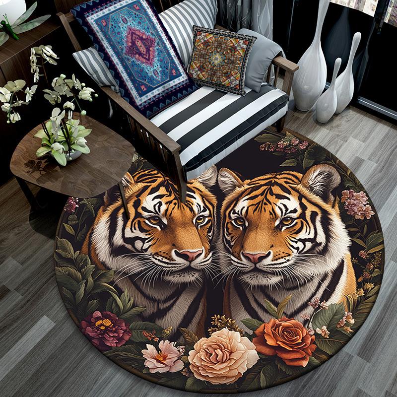 Tiger Artwork Round Area Rug,Carpet Rug for Living Room Bedroom Sofa Playroom Decor,Non-slip Floor Mat
