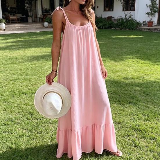 Women's Summer Casual Loose Dress Tie Shoulder Sleeveless Square Neck Maxi Dress A-Line Ruffle Flowy Beach Sundress