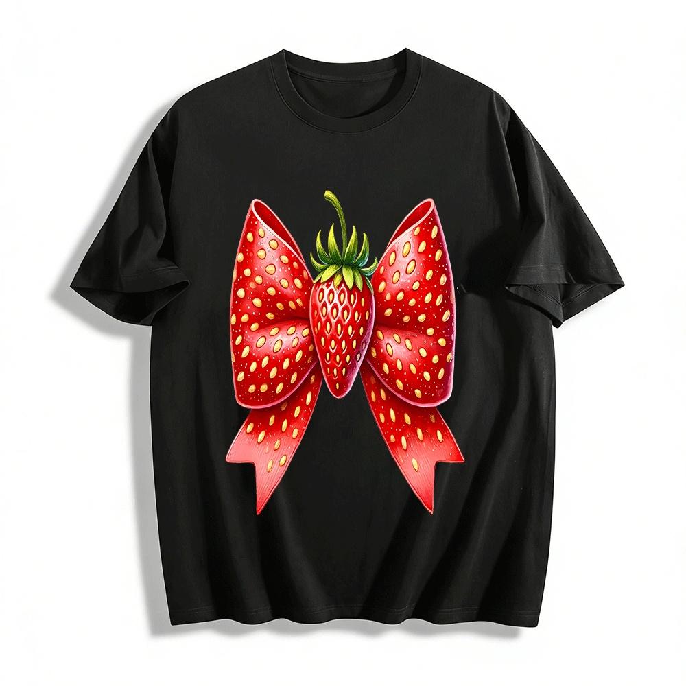 

Strawberry Texture Bow Print Casual Top Pure cotton T-shirt 6XL