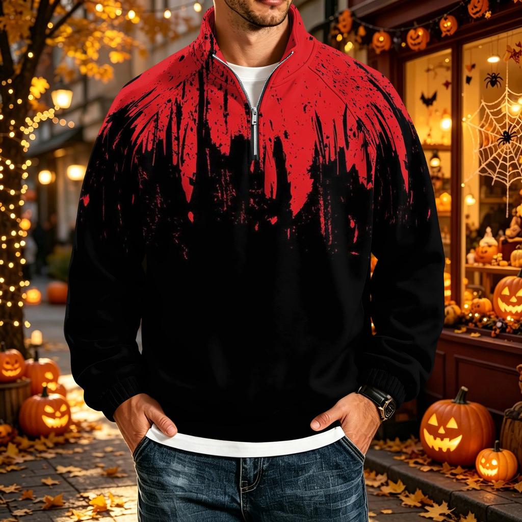 Men's Loose Fit Raglan Sleeve Sweatshirt with Stand Collar and Halloween Print for Parties and Daily Wear