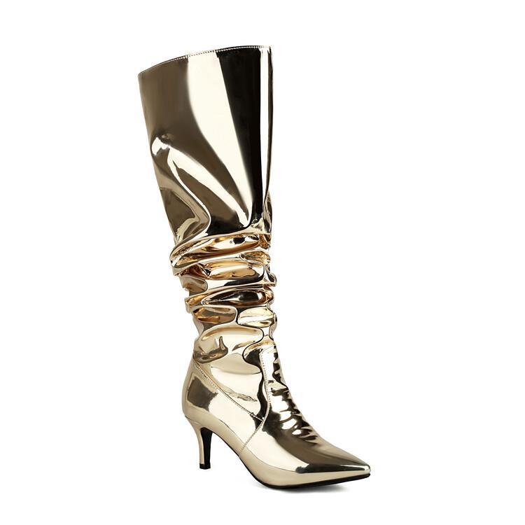 Moda Europejska Amerykańska Lakierowana Plisowana Złota Srebrna Długie Kozaki Kobiety 6,5 cm Wysoki Obcas Krótkie Pluszowe Kozaki do Kolana Rozmiar 32-48
