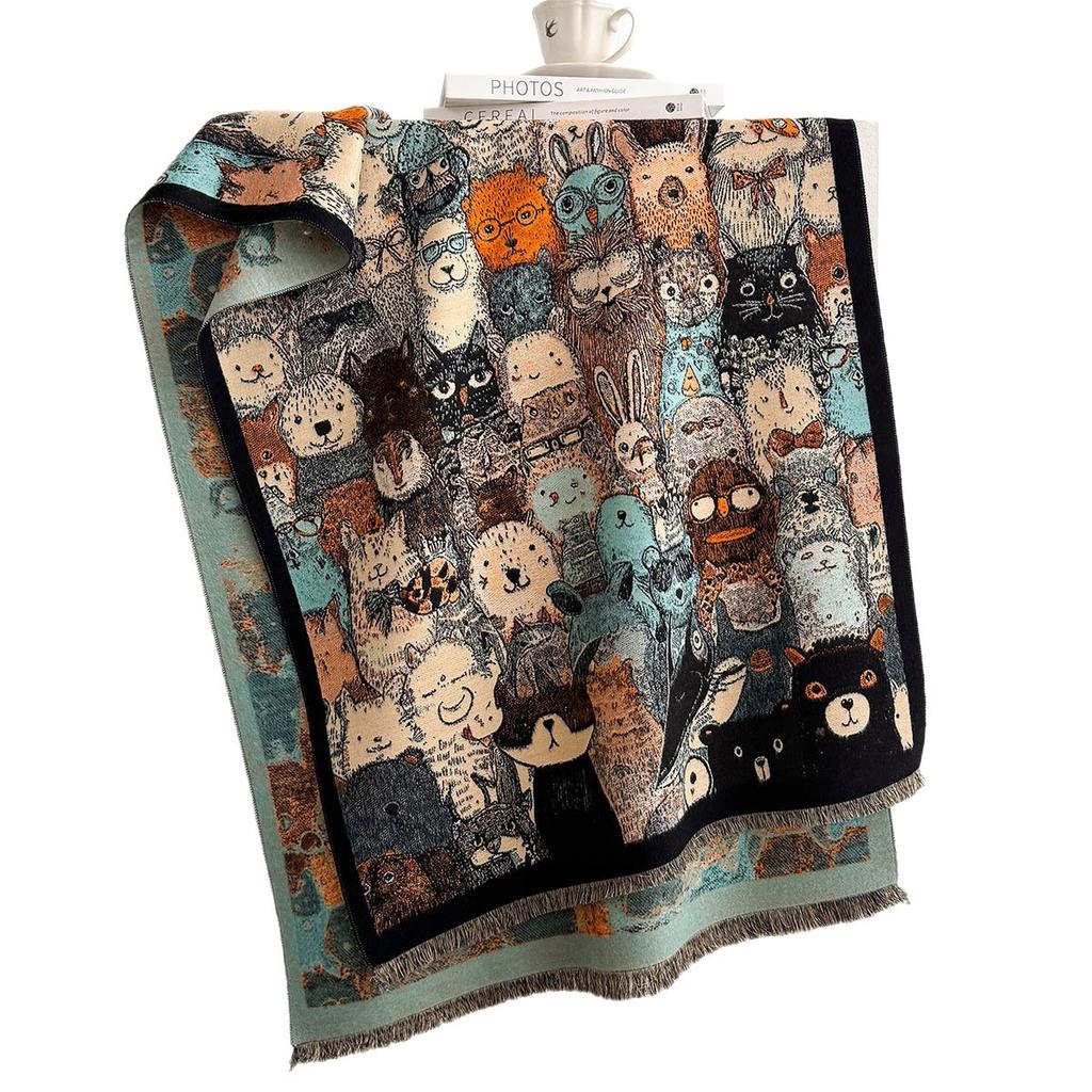 Forest Animal-Themed Faux Cashmere Scarf – Colorful Cartoon Animal Jacquard Neck Warmer/Shawl