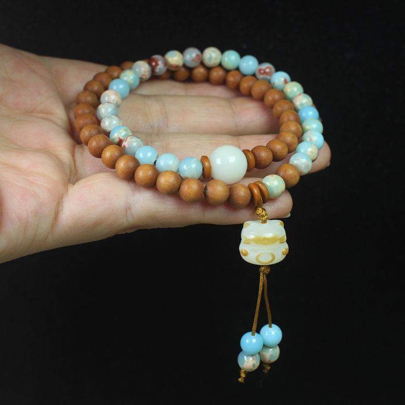 Barbie Sandalwood & Shoushan Stone 6mm Double Layer Bracelet with Cat Pendant, Fashion Jewelry for Women