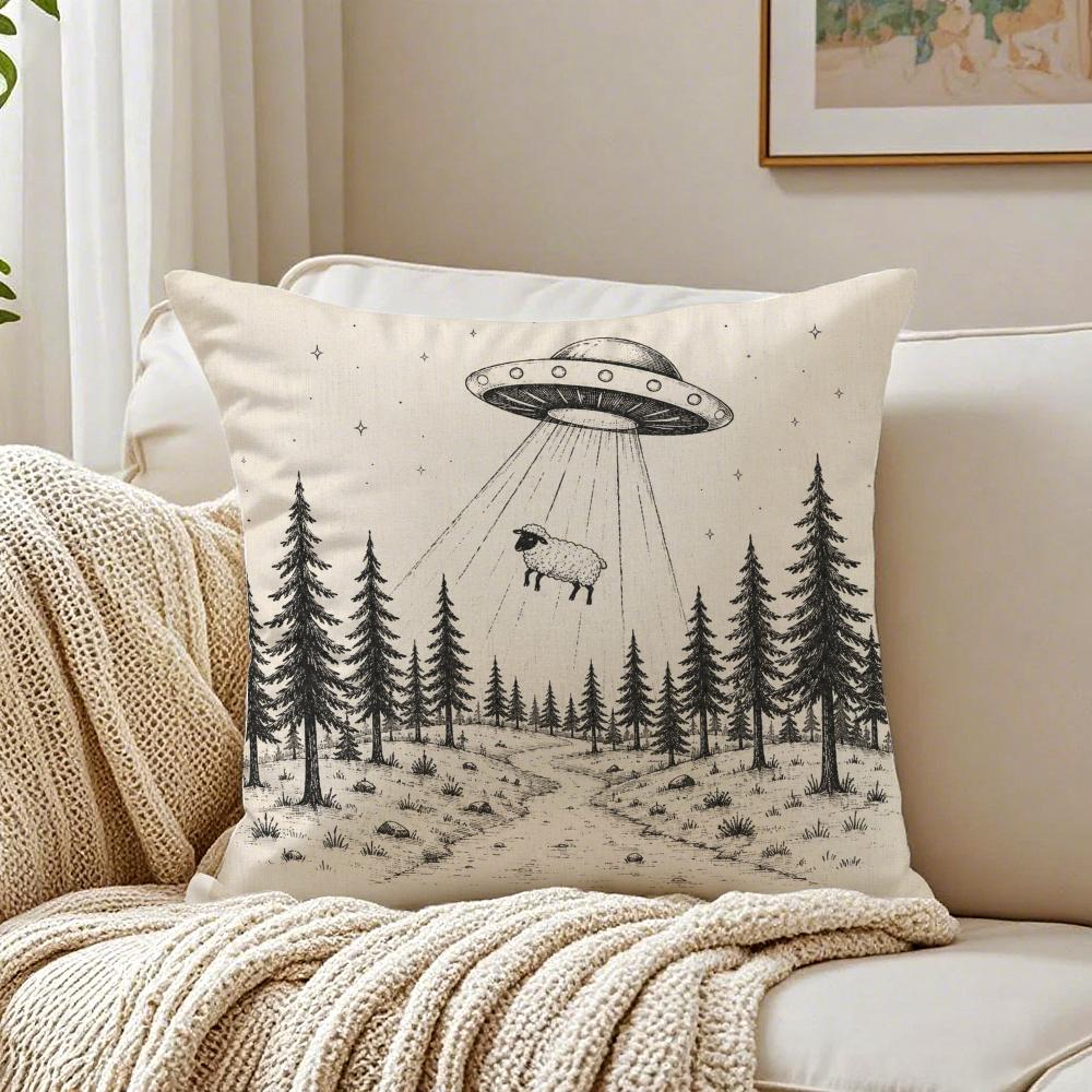 UFO Cow Sci Fi Aesthetic Forest Pillow Case Double-Sided Plush Sofa Cushion Covers Organic Breathable Invisible Zipper
