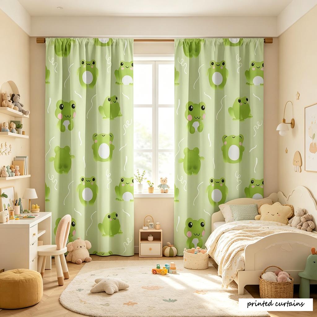 2-piece set of cute frog printed curtains, bedroom insulation semi blackout window screen fabric, machine washable polyester fib
