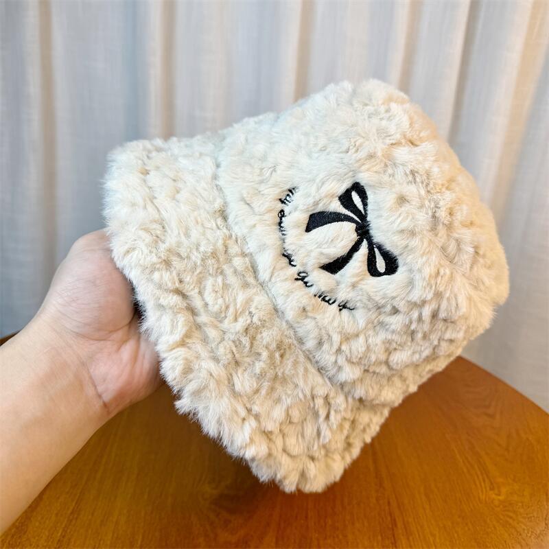 Fisherman Hat Women's Winter New Plush Thickened Warm Bucket Hat White Bow Furry Basin Hat Trendy
