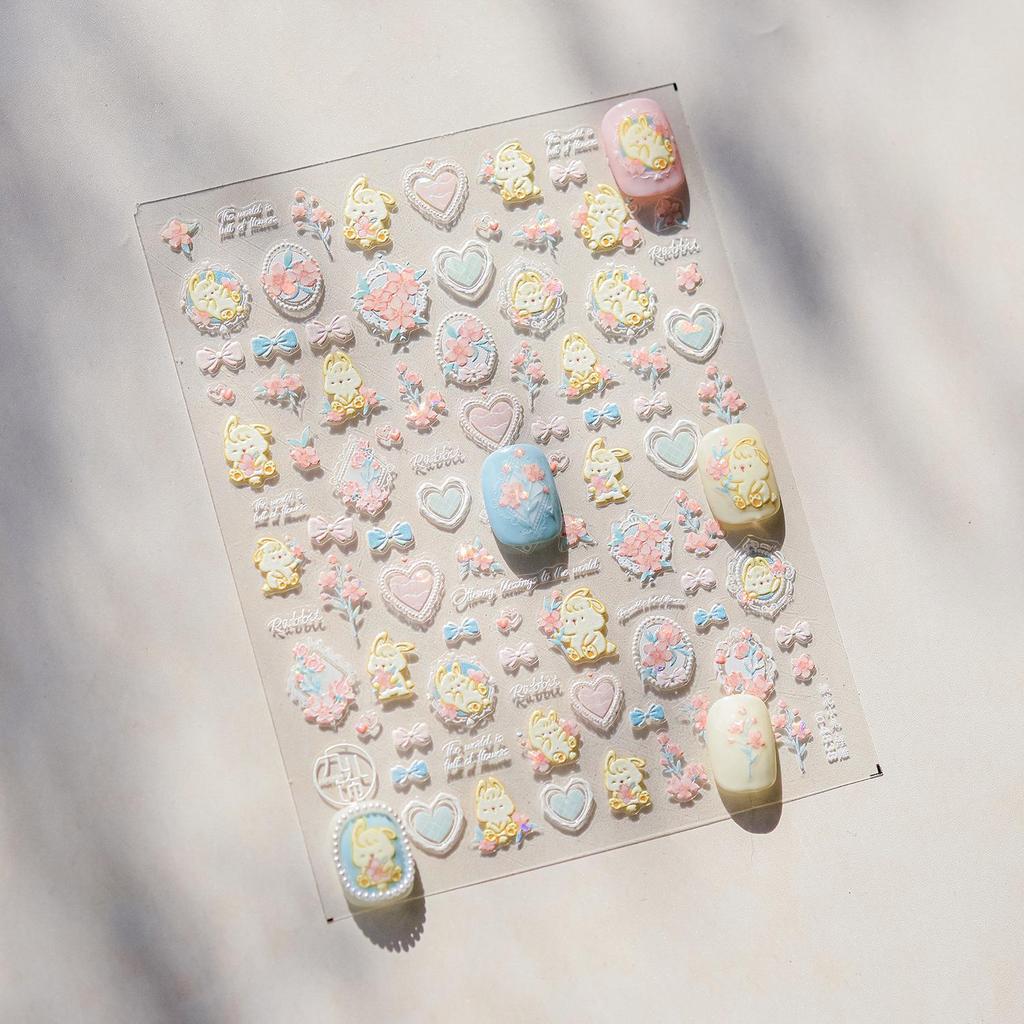 Tomoni 3D Embossed Nail Stickers - Hot Style Japanese Peach Blossom & Little Rabbit Nail Art Accessories.