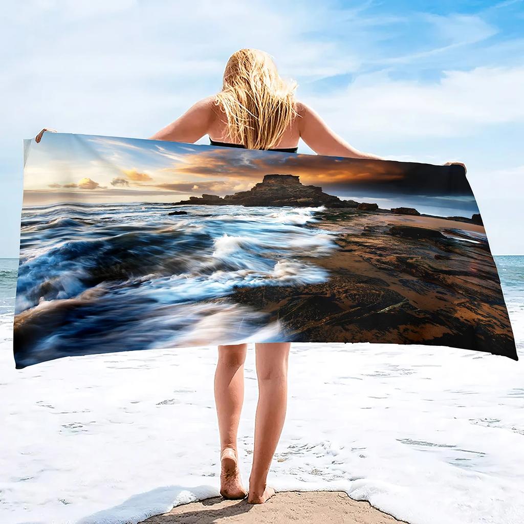 Ocean Wave Bath Towel - Vibrant Sunset Design, Soft Absorbent, Perfect for Summer Relaxation, Adds Beach Vibes to Your Vacation