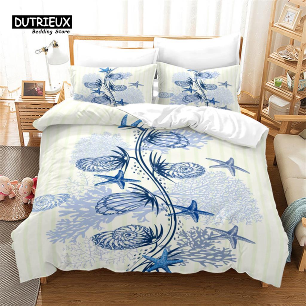 Seashell Starfish Duvet Cover Beach Theme Bedding Set Microfiber 3D Waves Comforter Cover For Kids Teens Girls Boys Room Decor