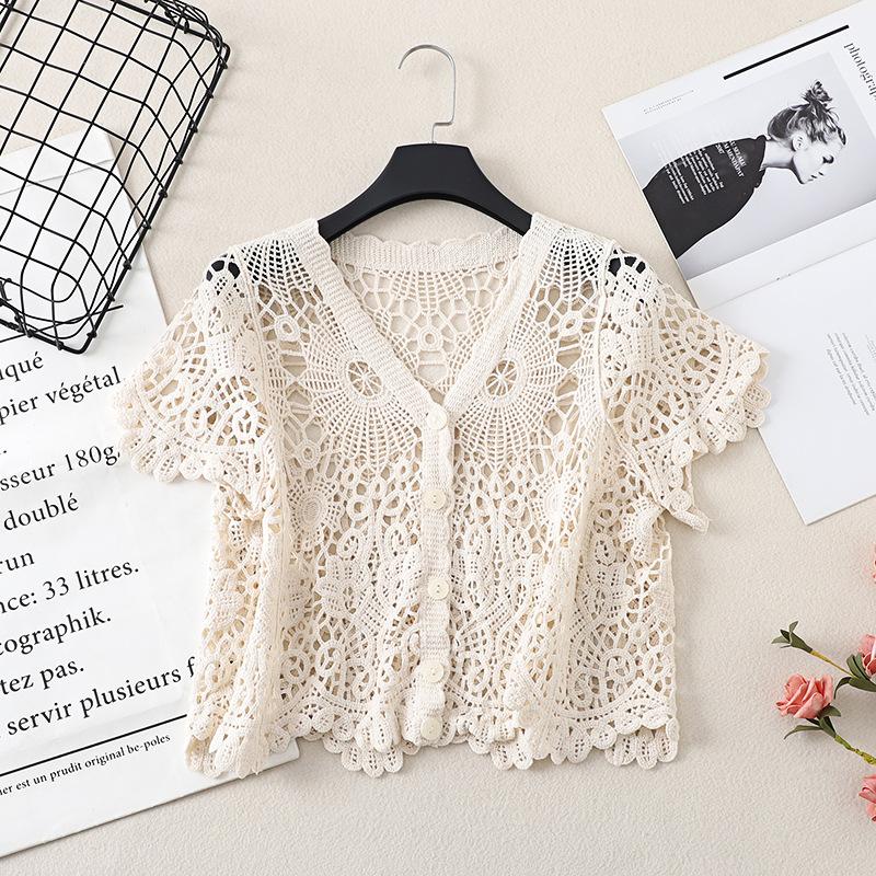 Sheer Crochet Top Short Sleeve Button Front V-Neck Open-knit Embroidery Blouse Women Summer
