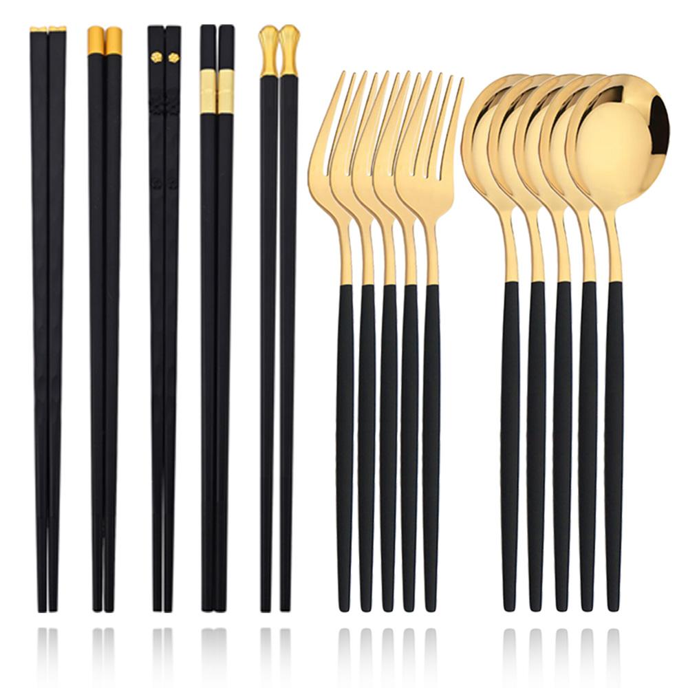 Black Gold Korean Tableware Set 15-20Pcs Luxury Cutlery Set Stainless Steel Dinnerware Knife Fork Spoon Chopsticks Cutlery Set