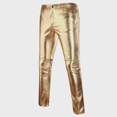 Trendy Korean-Style Nightclub Hairstylist Men's Shiny Gold-Stamped Leather Trousers