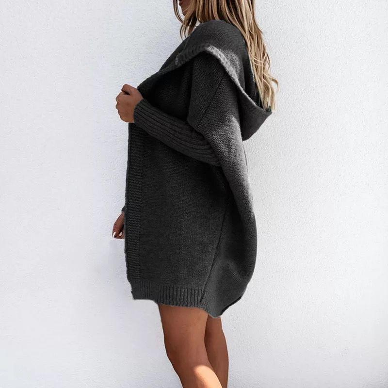 2026 Women's Casual Solid Color Loose Knit Hoodie Mid-Length Sweater Coat for Autumn and Winter