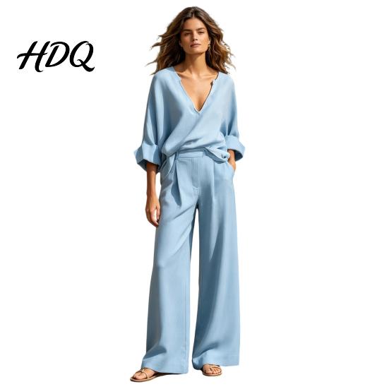 Age-friendly Women Clothing Women's 2 Piece Cotton Linen Set Long Sleeve V