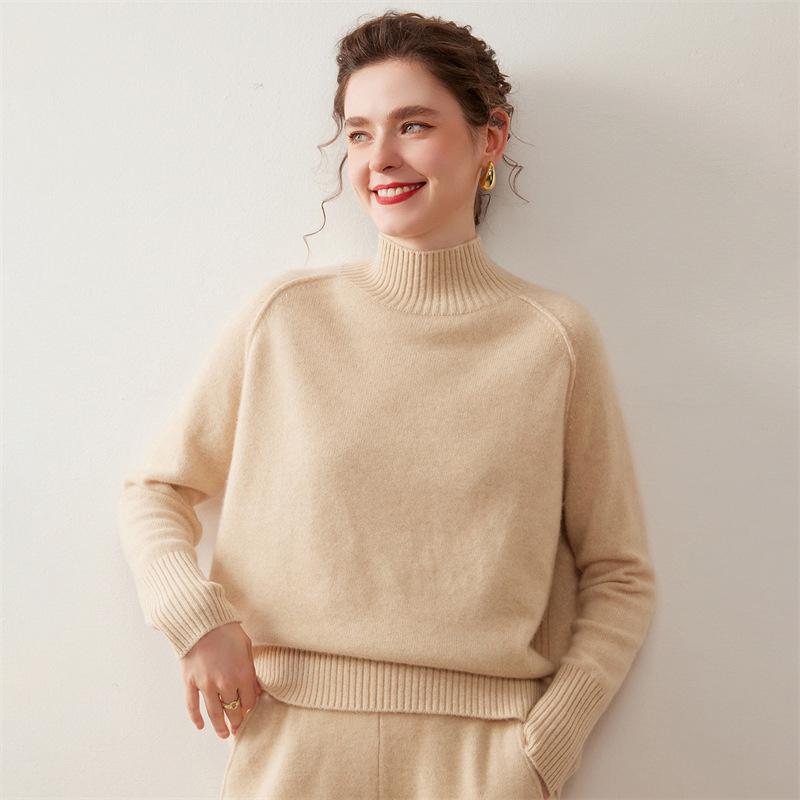 Women's Cashmere Knit Sweater - Solid Color, Half-High Collar, Loose Slimming Fit, Thick Drop Shoulder Sleeves for Autumn/Winter