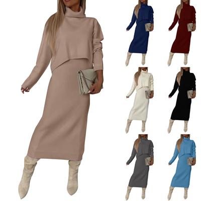 Ladies Fashion Casual Solid Color Turtleneck Knit Wrap Hip Skirt Two-piece Set