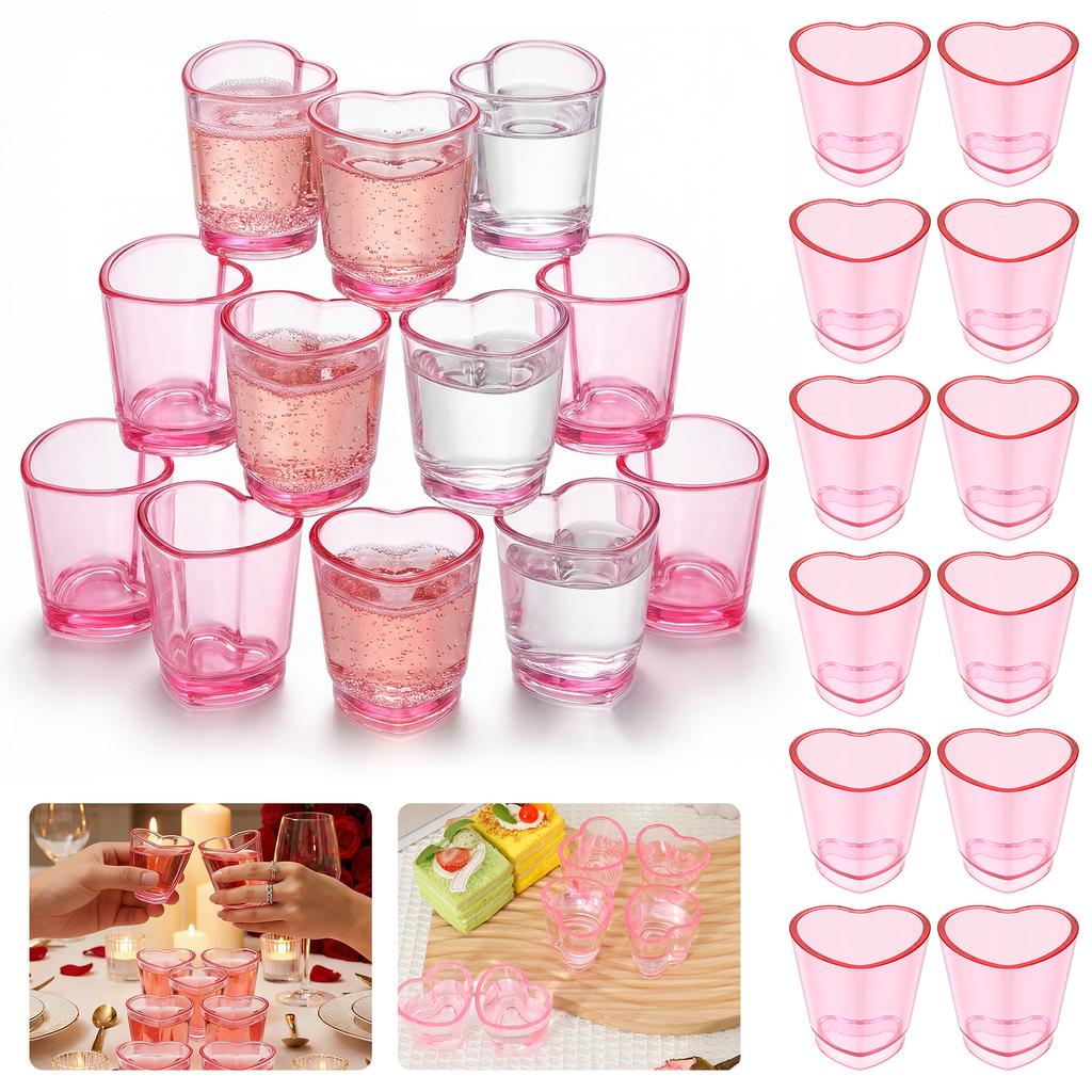 24/12Pcs Mini Wine Glass 1.5oz Heart Shape Cake Cup Tequila Spirit Shot Whiskey Glass Plastic for Festival Party Dessert Decor