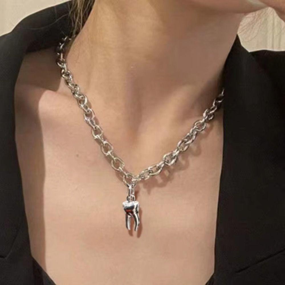 Silver Color Heart Teeth Pendant Choker Cahin Punk Necklace Fashion Y2K Necklace  Jewelry Gift