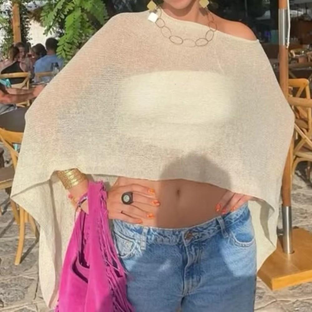 Summer Drop Shoulder Crochet Poncho Sweater Irregular Multi-wear Beach Cover Up Sheer Knitted Cover-ups Vacation Outfits