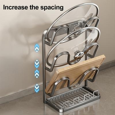Pot Lid Storage Rack Pot Lid Holder with Spoon Rest While Cooking Carbon Steel Pan Lid Organizer with Removable Drip Tray for Kitchen Cabinets
