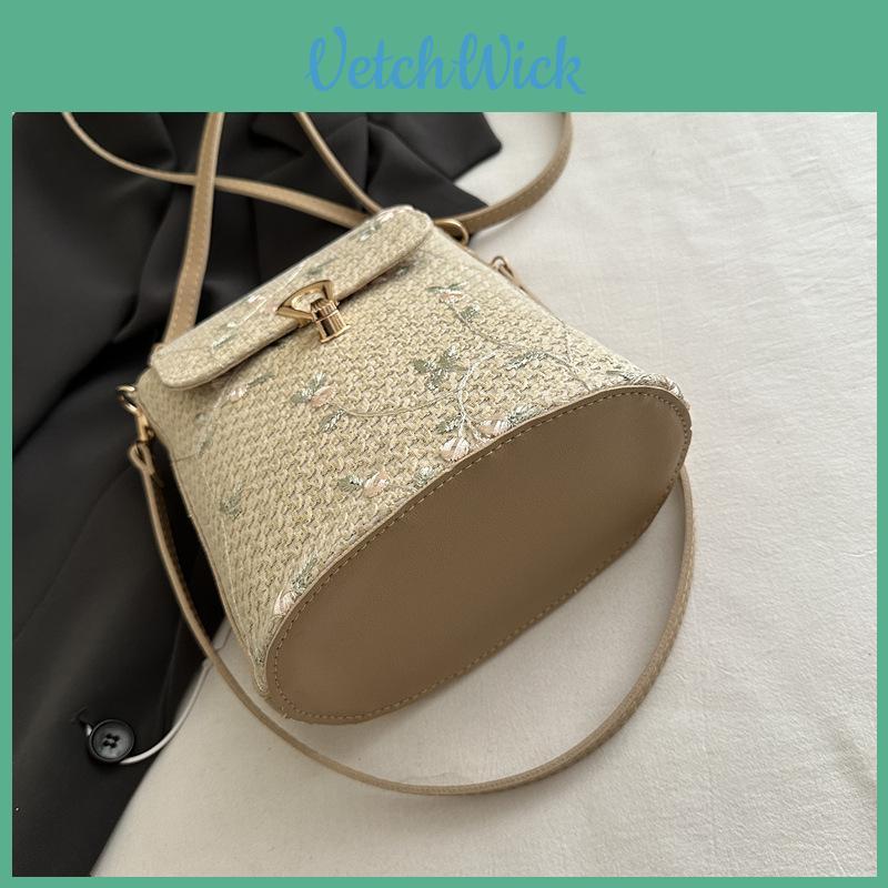 Summer Straw Weave Bucket Bag With Lace Flowers For Casual Daily Use