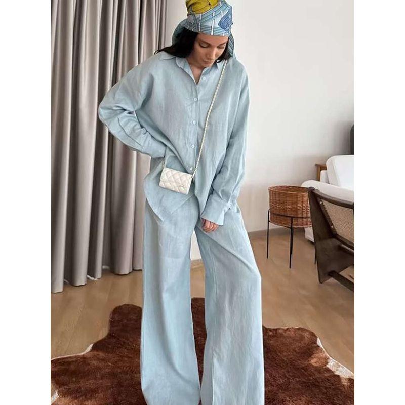 Light-Sensitive Oxygen Wear French Lazy Style Loose and Simple Pure Color Cotton and Linen Shirt + Straight-leg Loose Pants Two-piece Set