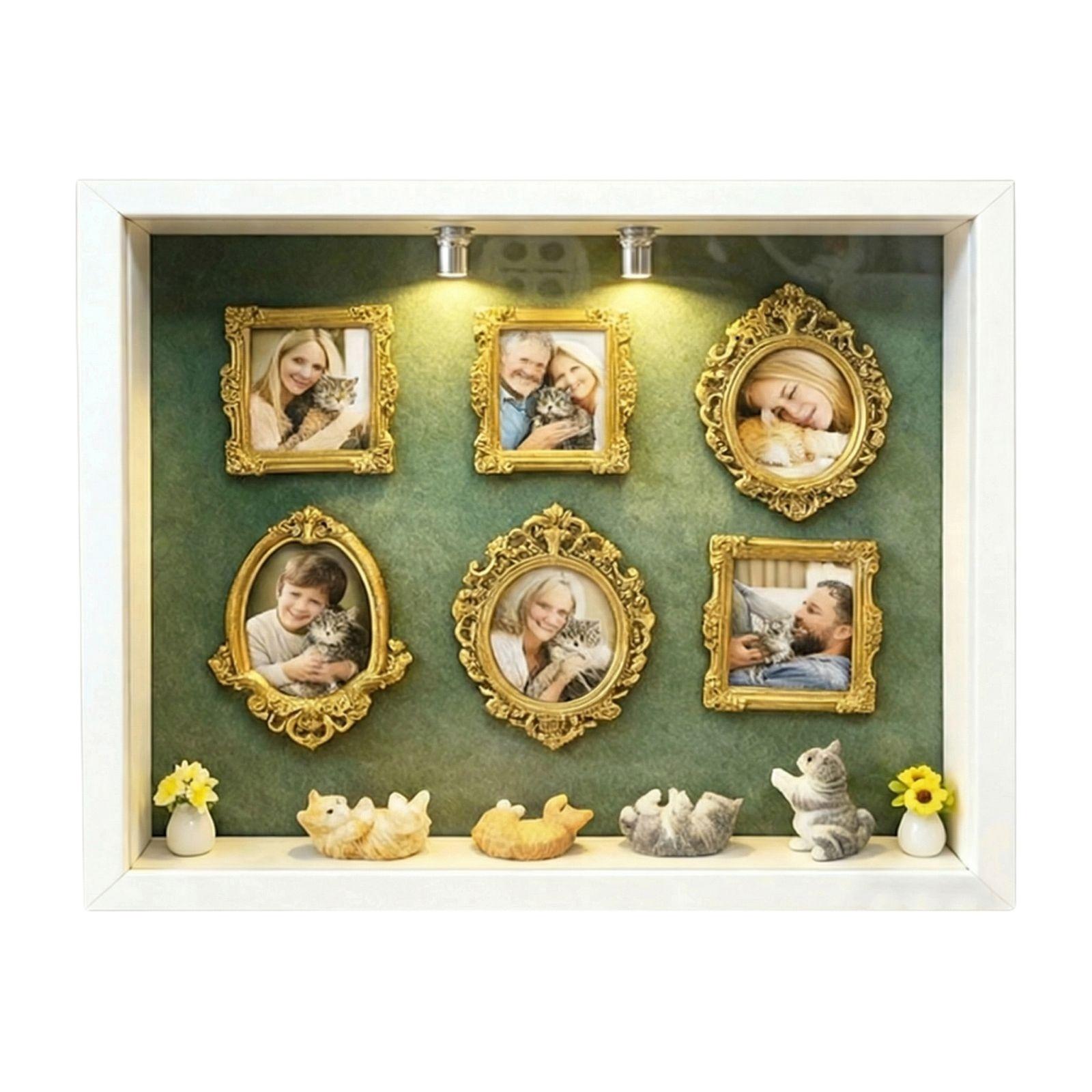 

Vintage Style Shadow Box Display Frame with Ornate Photo Frames and LED Lights for Home Wall Decor Art Keepsake Display One Size