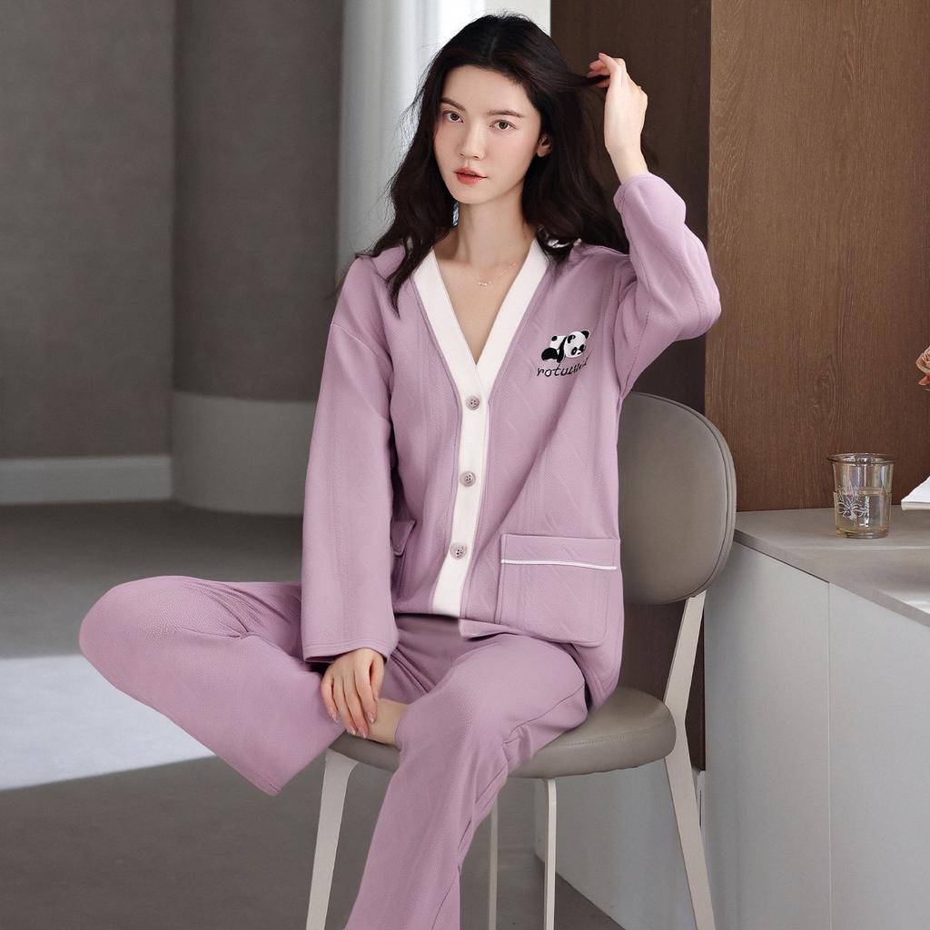 Air Cotton Sandwich Pajamas Women'S Autumn And Winter Pure Cotton Thickened Long-Sleeved Thermal Loungewear Set