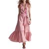 Women's Sleeveless V Neck Ruffle Trim Tie Waist Patchwork Maxi Dress Casual Loose Fit Summer Dress