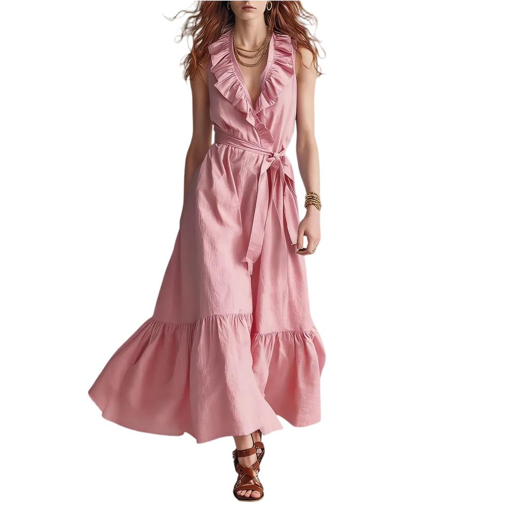Women's Sleeveless V Neck Ruffle Trim Tie Waist Patchwork Maxi Dress Casual Loose Fit Summer Dress