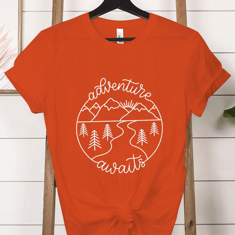 Adventure Awaits Outdoor Graphic T Shirts Women Mountain Nature Lover Gift Crew Neck Short Sleeve Tshirt Adventure Classic Tops
