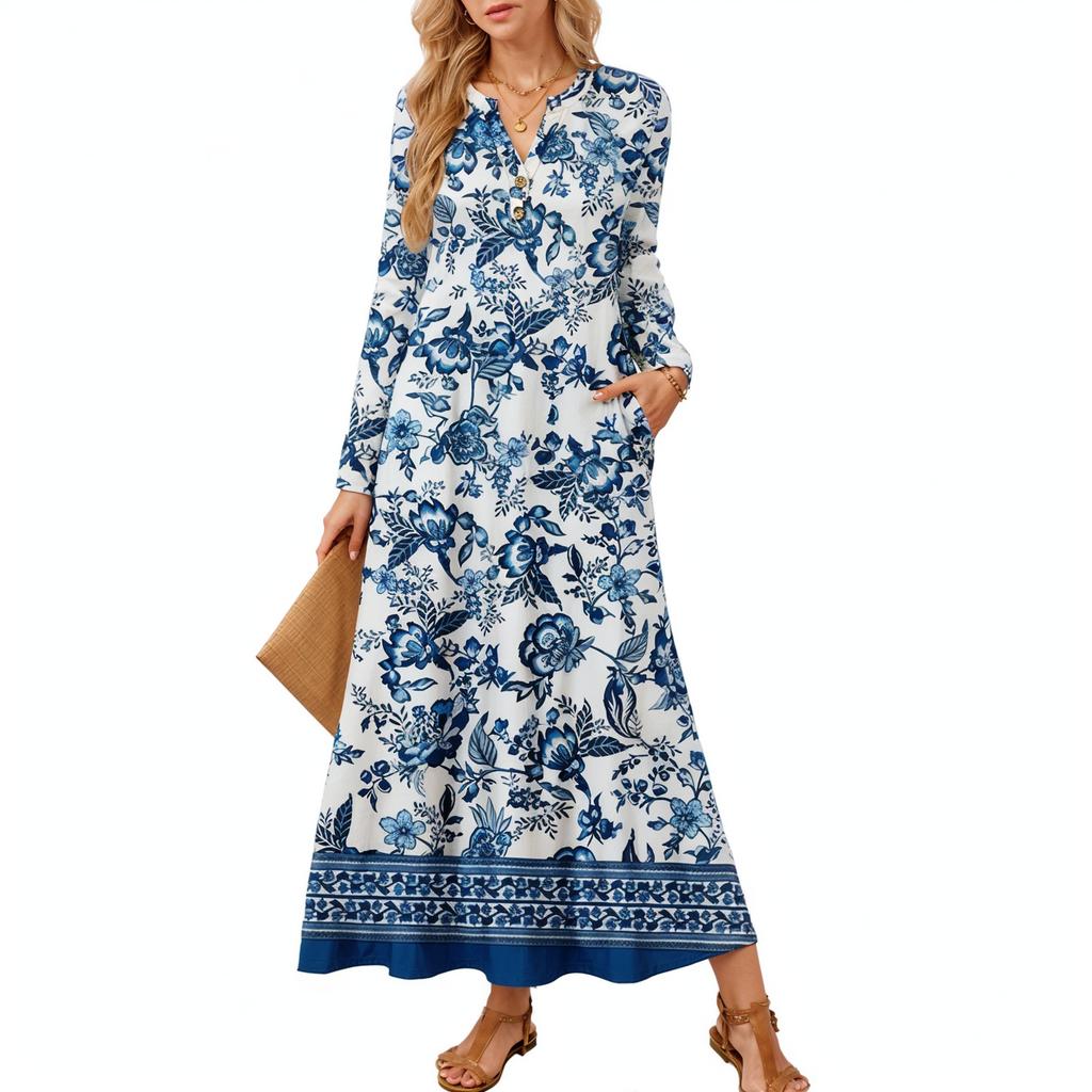 Women's Plaid Print Long-sleeved Comfortable Loose Dress Elegant Dress